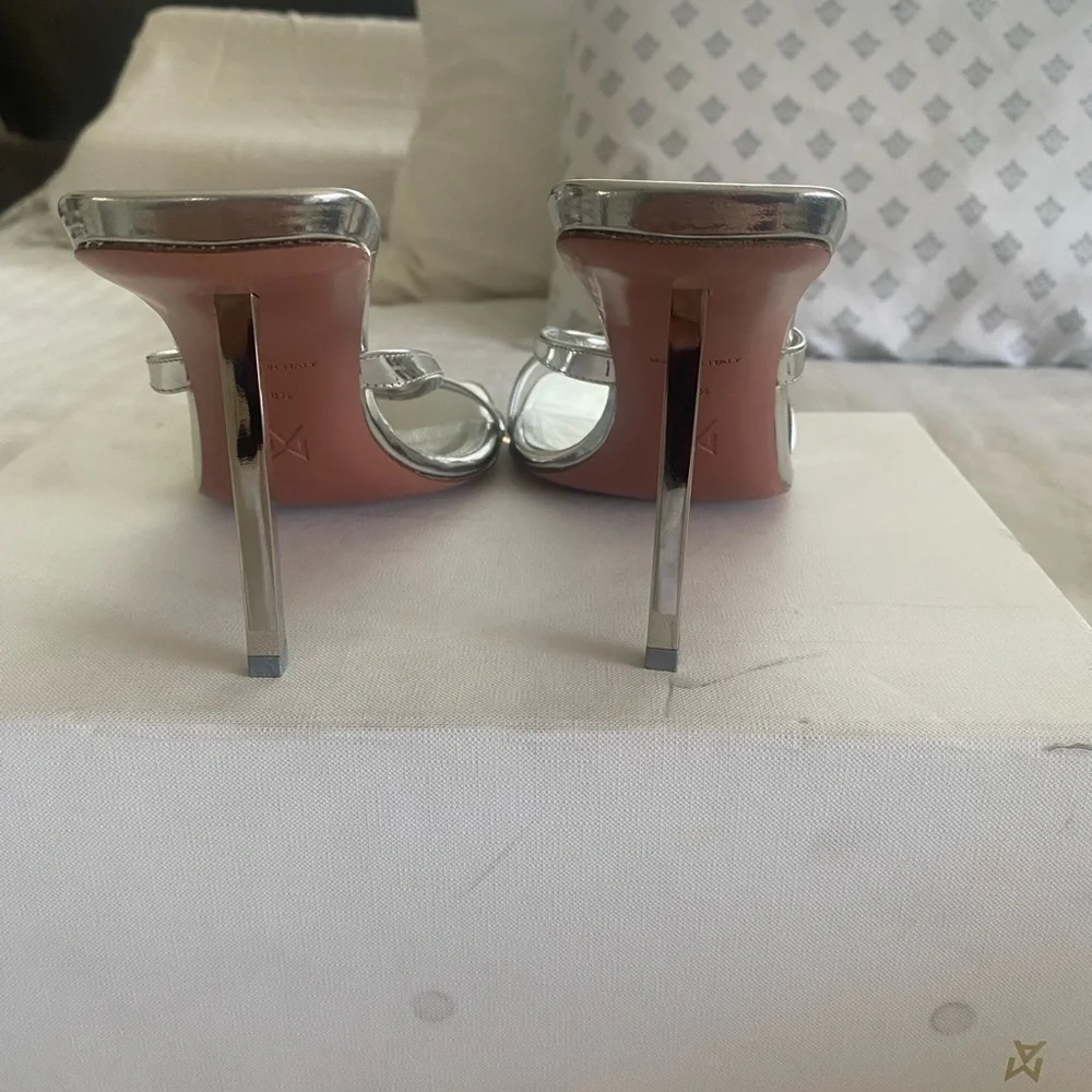 ✨ NEW! Authentic! Amina Muaddi Silver Strappy Heels – Size 38.5 ✨ Mules